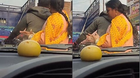 A woman feeding khaini to her husband during a traffic jam went viral, sparking an online debate over affection and public substance use.