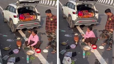 A couple cooking at a highway rest area has sparked a viral debate on social media over safety and public responsibility.