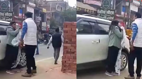 A man allegedly caught his teacher wife with her senior in an OYO hotel, leading to a chaotic street fight that went viral online.