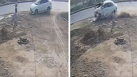 A speeding car on a highway hit a man standing roadside within seconds, and the shocking CCTV footage has gone viral online.