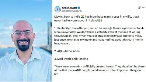 An NRI who returned from Ireland sparked a major online debate after highlighting daily issues in India like power cuts, pollution and chaotic traffic.