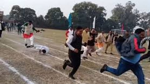 A viral video of former minister Hemraj Verma falling during a race at Pilibhit’s Sansad Khel Mahotsav has sparked a political controversy.