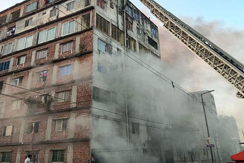 A 12-story building in Dhaka was engulfed in flames.