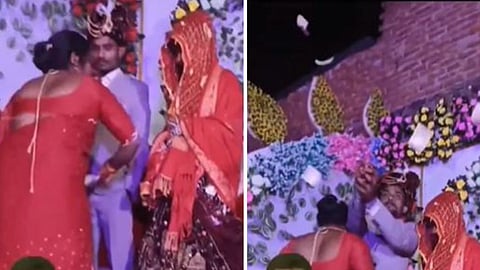 A groom stealing flying money at his own wedding left the bride shocked and the internet laughing.