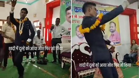 A groom dancing like a woman on the stage of a mass marriage ceremony has gone viral on social media.