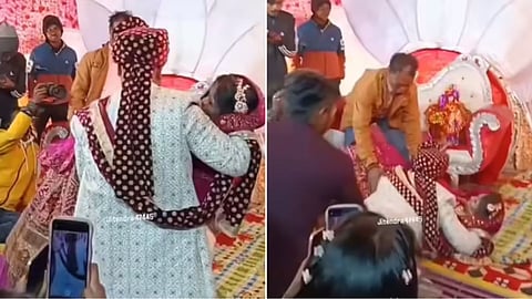 A groom’s overconfidence during the varmala ceremony led to a shocking moment as the bride slipped and fell on the wedding stage.