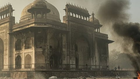 The mausoleum is turning black due to pollution; smoke and waste are threatening the historical monument