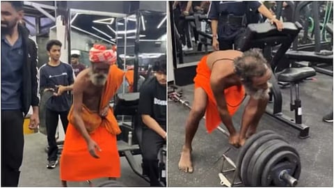 A video of an elderly man dressed like a sadhu performing a heavy deadlift in a gym has gone viral on social media.