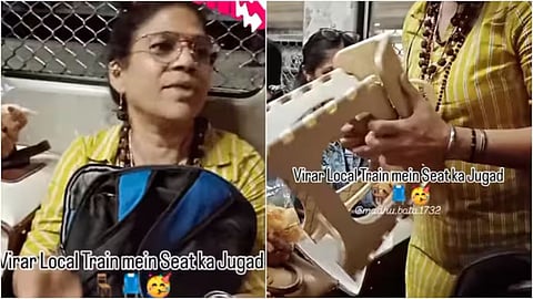 A woman’s clever folding stool hack to get a seat in a crowded Mumbai local train has gone viral online.