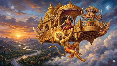Hanuman hanging from the Pushpak Vimana Ramayana
