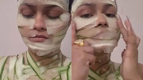 A girl’s unusual cucumber skincare hack goes viral, leaving social media users amused.