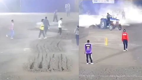 Tractor Driven on the Pitch During Live Match