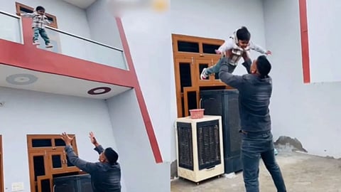 A viral video of a man making a child jump from a balcony for a reel has sparked outrage.