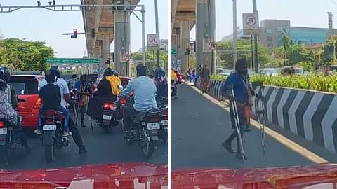 A viral video exposed a beggar faking disability at a traffic signal.