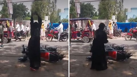 A couple’s fight in Bulandshahr turned public as the wife damaged the husband’s bike on the road.