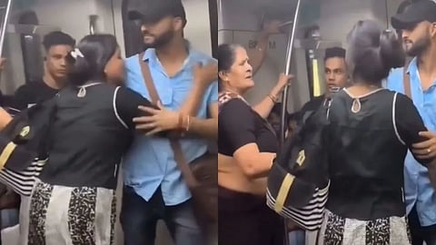 A viral metro video shows an elderly woman scolding a girl for filming a reel in public.