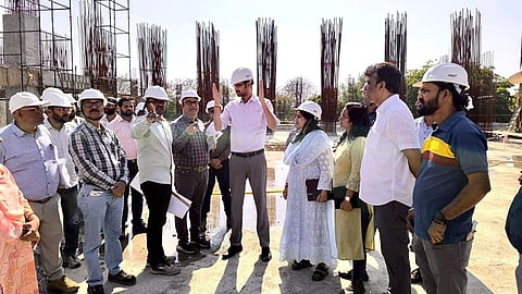 Nagpur Collector Kumar Ashirwad reviews the progress of the multi-storey Sports Hub project at Mankapur and Dhapewada pilgrimage development.