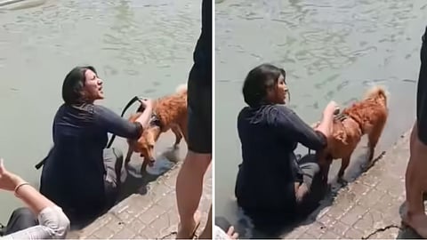 An argument broke out at Haridwar’s Ganga ghat after a woman was seen bathing her pet dog there.