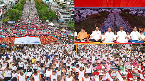 More than 10,000 yoga practitioners perform Bhramari Pranayama together at Gaopur Square in Indore on International Yoga Day 2026