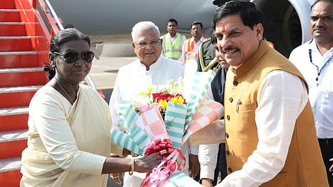 President Droupadi Murmu arrives at Indore Airport, where Chief Minister Mohan Yadav, Minister Kailash Vijayvargiya, and senior officials welcome her before she departs for Betul by helicopter.