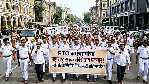 RTO employees during an indefinite strike over pending service rules and promotion demands in Maharashtra.
