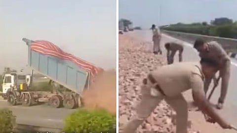 An overloaded dumper allegedly dropped stones on the Eastern Peripheral Expressway in Greater Noida while trying to avoid RTO checking, leading to a traffic jam and a police-led cleanup operation.