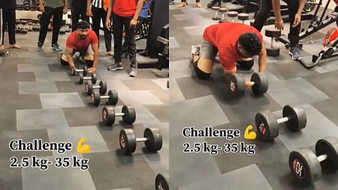 A man completed a one-handed dumbbell flip challenge up to 35 kg at a gym, and the video has gone viral on social media.