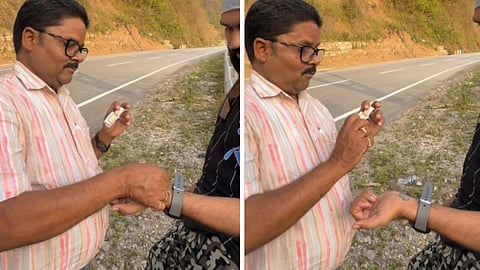 A man's unique trick of placing a coin on the wrist to prevent motion sickness has gone viral on social media.