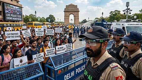 Delhi Police AI Glasses arrive at Jantar Mantar recording of protesters
