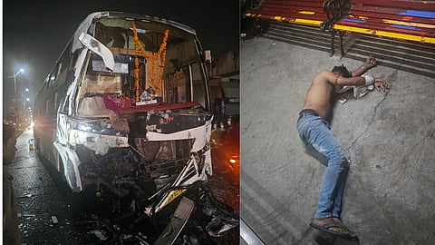 Indore bus and truck collision on Lasudia Bypass late at night, damaged motorcycle at the accident spot, police registered FIR and started investigation.