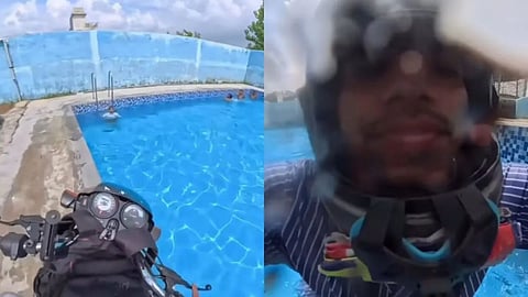 A hilarious reel of a bike rider entering a swimming pool has gone viral on social media.