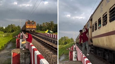 A video of a man making a risky reel near a moving train has gone viral on social media.