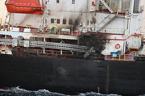 This photograph provided by the Indian Navy shows U.S.-owned ship Genco Picardy that came under attack Wednesday from a bomb-carrying drone launched by Yemen's Houthi rebels in the Gulf of Aden, Thursday, Jan.18, 2024.