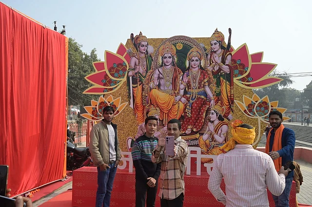 Devotees take selfie with a huge Ram cutout in Ayodhya