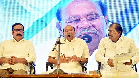 PMK founder S Ramadoss, party president Anbumani Ramadoss and honorary president GK Mani at the party General body meeting held in Chennai.