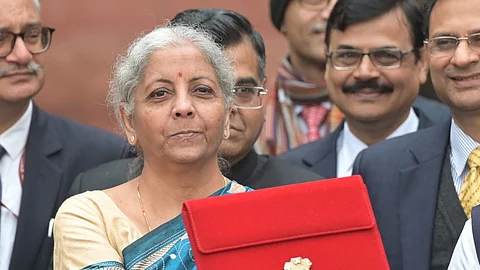 Union Finance Minister Nirmala Sitharaman and her team at the Finance Ministry, seen ahead of the presentation of the Interim Budget 2024, at North Block.