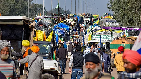 Tractors and trolleys of the protesting farmers parked on a highway during their protest last year over various demands, including a legal guarantee of minimum support price (MSP) for crops, at the Punjab-Haryana Shambhu Border