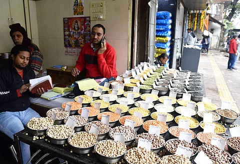 Samples of pulses are displayed at a wholesale shop at Khari Baoli market, Old Delhi on February 01, 2024.