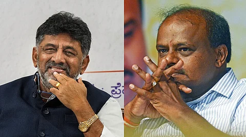 Karnataka Deputy Chief Minister D K Shivakumar (L), JD(S) leader and former Chief Minister H D Kumaraswamy