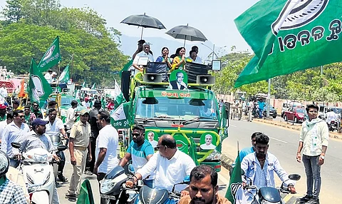 Bhaskar Rao takes part in a BJD rally in Rayagada with party candidates