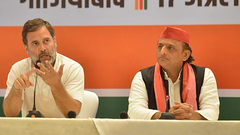 Congress leader Rahul Gandhi and SP leader Akhilesh Yadav addresses a press conference at Kaushambi Ghaziabad in Uttar Pradesh on April 17, 2024.