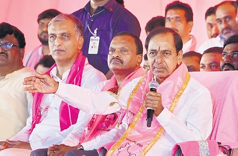 BRS president K Chandrasekhar Rao addresses the gathering at the Praja Ashirvada Sabha in Sultanpur on Tuesday