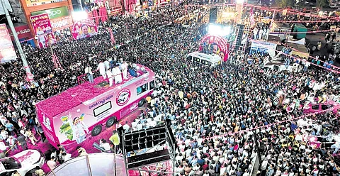 An aerial view of KCR’s roadshow in Hanamkonda on Sunday