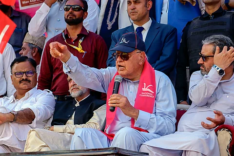 &K National Conference Chief Farooq Abdullah addresses a rally in support of INDIA alliance candidate Mian Altaf, at Mendhar in Poonch.