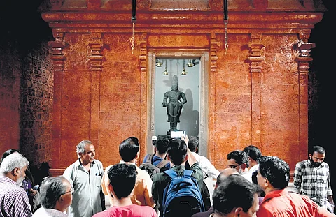 Visitors take a look at the architectural marvels displayed at the newly constructed Shri Thrikkaipatta Mahakshetram in Kozhikode on Friday