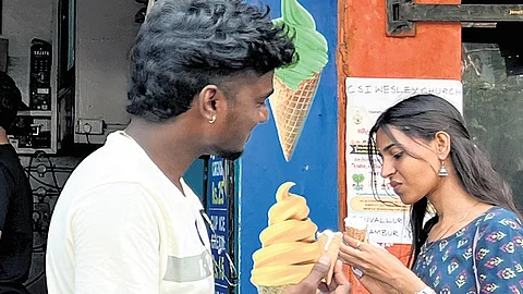 A couple enjoying ice cream at Sree Balaji Ice Cream in Perambur