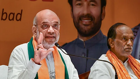 Union Home Minister Amit Shah addresses a press conference amid the ongoing Lok Sabha elections, in Hyderabad