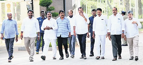A YSRC delegation coming out of the Raj Bhavan in Vijayawada on Thursday after making a representation to the Governor over poll violence