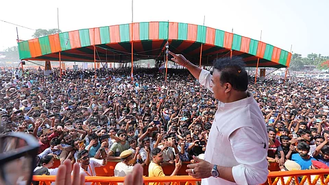 Assam Chief Minister Himanta Biswa Sarma addresses an election rally.