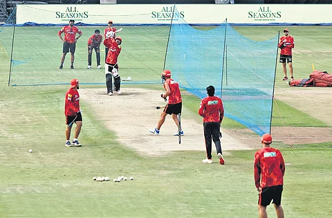 SRH players during a training session on Wednesday.